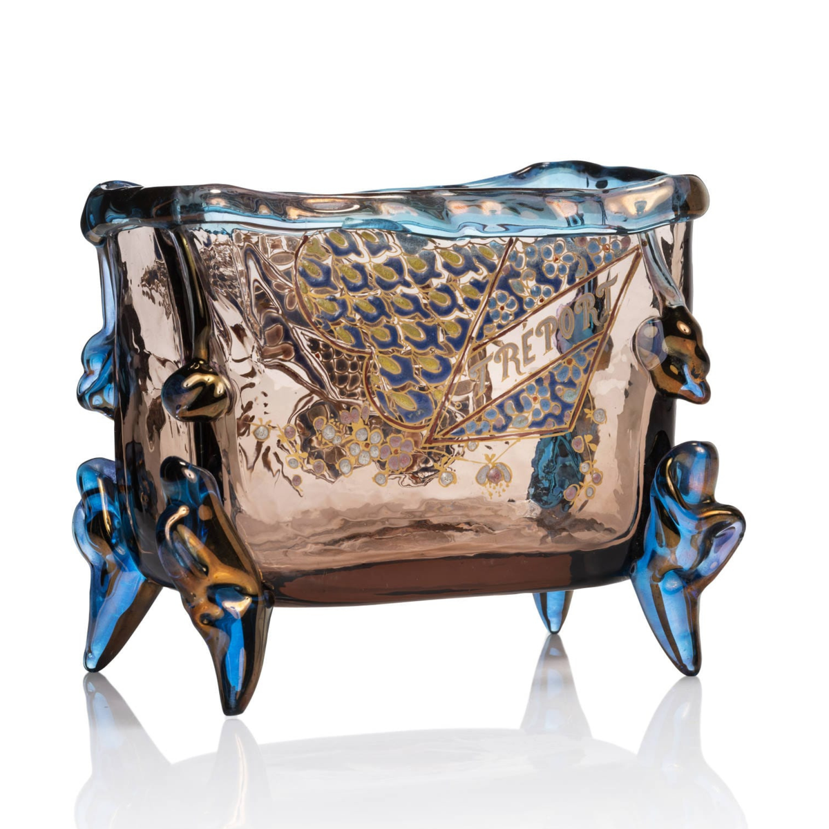Jardinière d'Auguste Jean, verre émaillé polychrome, fumé, métallisé, tréport, quadripode, collection Philippe Olland
