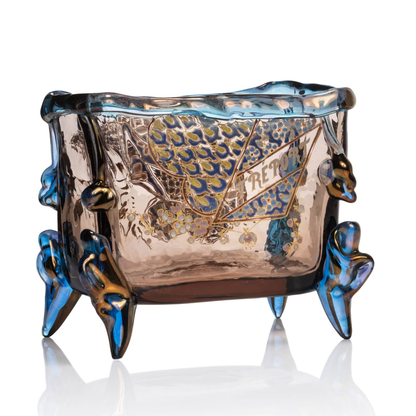 Jardinière d'Auguste Jean, verre émaillé polychrome, fumé, métallisé, tréport, quadripode, collection Philippe Olland