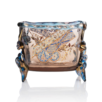 Jardinière d'Auguste Jean, verre émaillé polychrome, fumé, métallisé, tréport, quadripode, collection Philippe Olland, revers