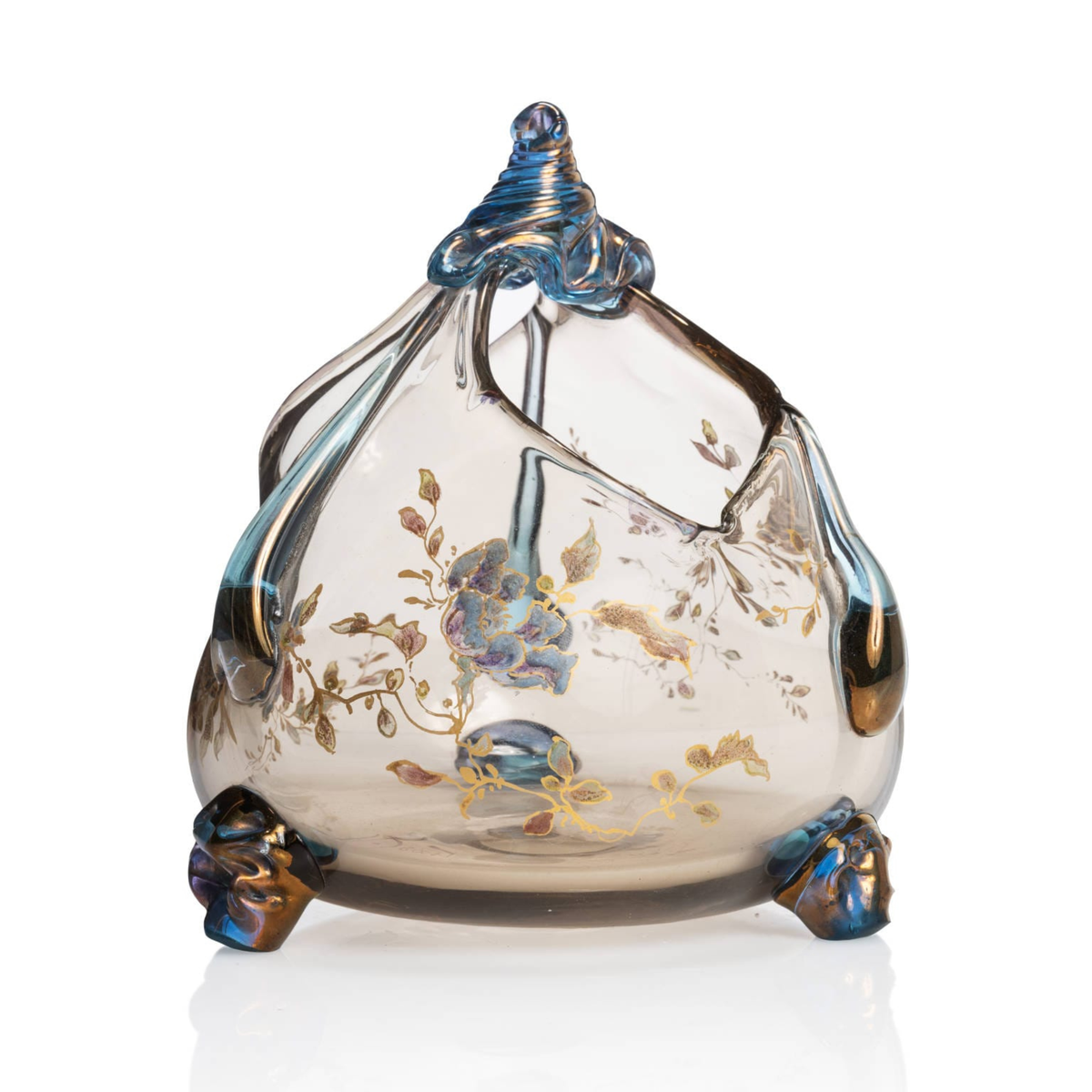 Vase tripode, d'Auguste Jean, verre émaillé polychrome, décor japonisant, verre fumé brun et bleu, métallisé, pieds meulés, fleurettes, rehauts dorés, furoshiki, collection philippe Olland