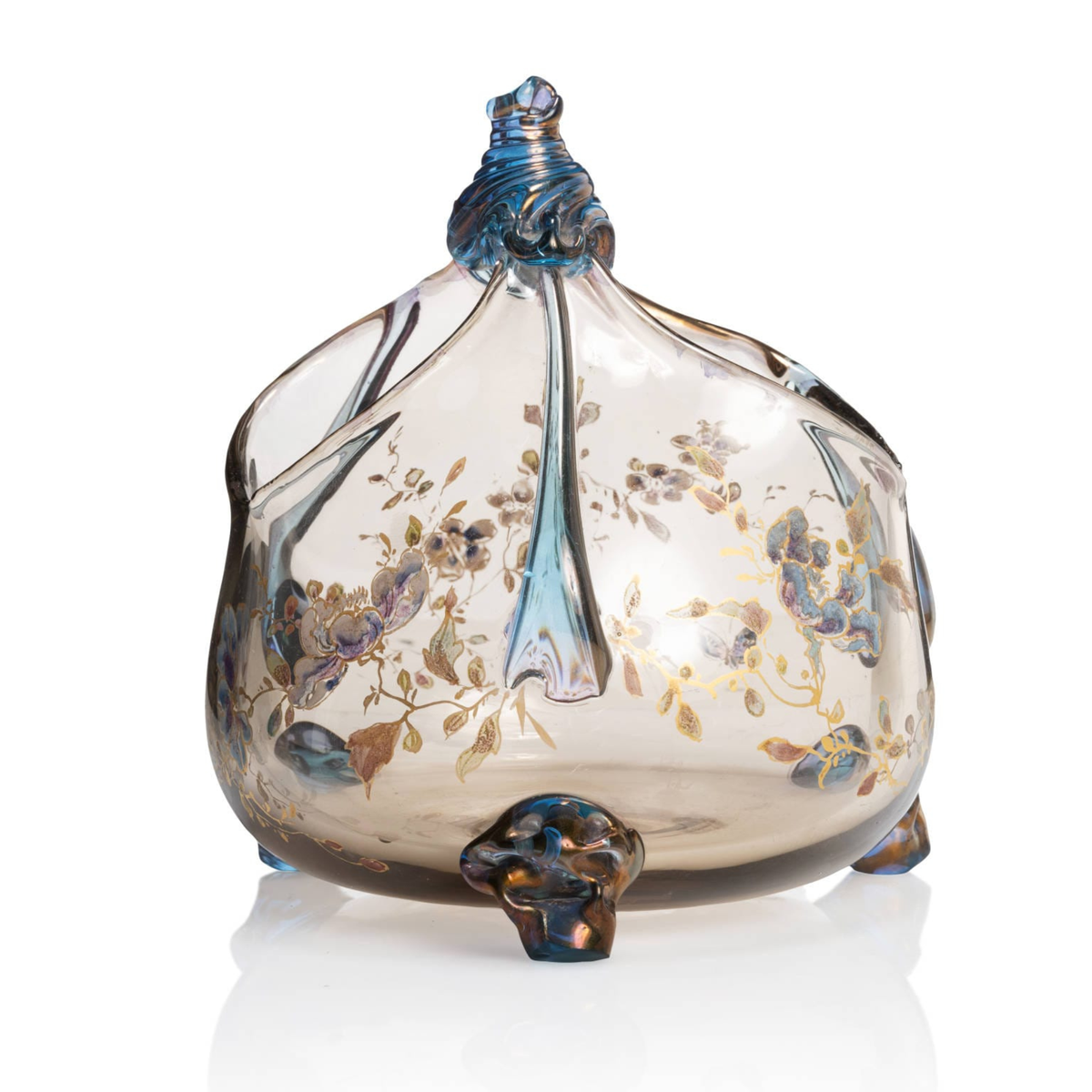 Vase tripode, d'Auguste Jean, verre émaillé polychrome, décor japonisant, verre fumé brun et bleu, métallisé, pieds meulés, fleurettes, rehauts dorés, furoshiki, collection philippe Olland, autre vue