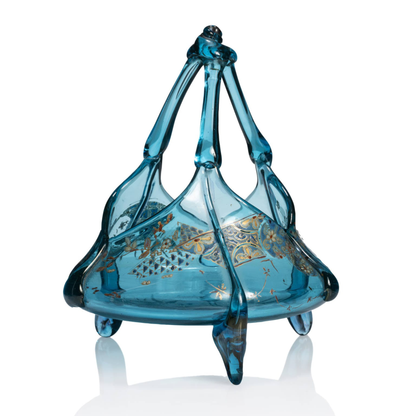 Corbeille vase d'Auguste Jean, verre bleu émaillé polychrome, décor japonisant, trois anses, tripode, collection Philippe Olland